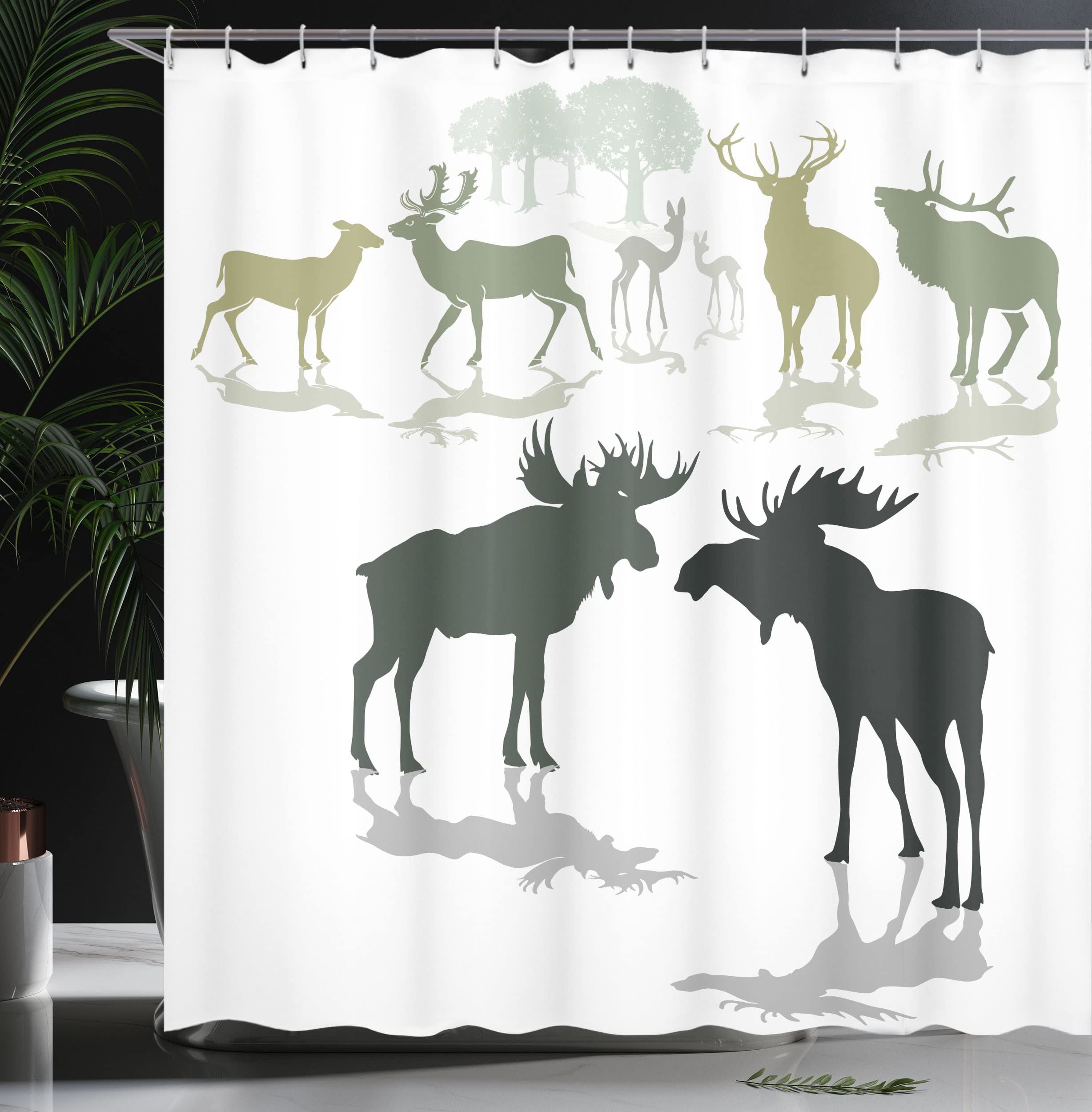 Ambesonne Antlers Shower Curtain, Elk Deer And Fawn Silhouette Forest At The Background World Natural Habitat Theme, Cloth Fabri